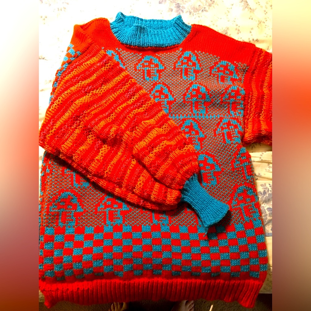 Hand Knit Custom Oversized Sweater Bishop Sleeve Checker Mushroom XXL